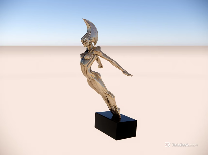 Golden Female Figure Sculpture On Black Base Against Blue Sky Sandy Landscape 3d model 
