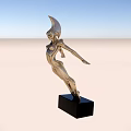 Golden Female Figure Sculpture On Black Base Against Blue Sky Sandy Landscape