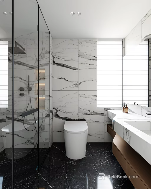 Modern Bathroom With Marble Walls Glass Shower Partition Toilet Double Vanity And Window Blinds 3d model 