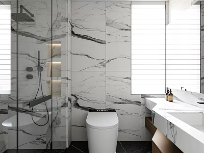 Modern Bathroom With Marble Walls Glass Shower Partition Toilet Double Vanity And Window Blinds 3d model