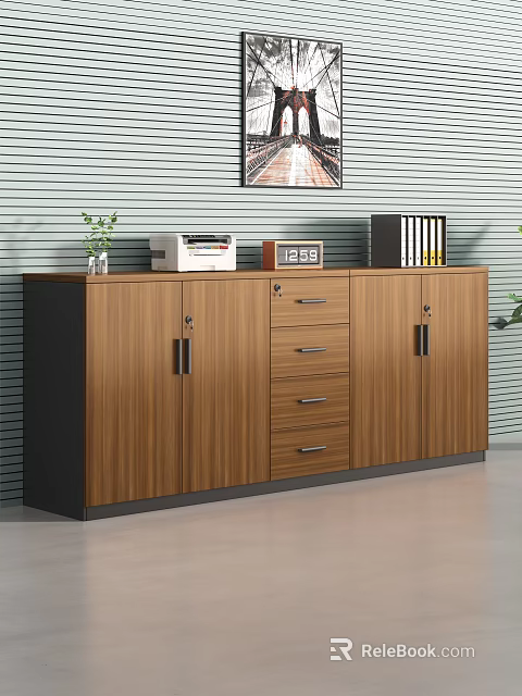 Wooden Office Cabinet With Drawers Doors Topped With Printer Clock Folders Plant Against Striped Wall 3d model 