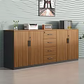 Wooden Office Cabinet With Drawers Doors Topped With Printer Clock Folders Plant Against Striped Wall