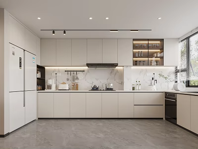 Modern Open Concept Kitchen Interior Design With White Cabinets Marble Countertop And Appliances 3d model