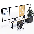 Modern Office Desk Setup With Ergonomic Chair Wall Mounted Whiteboard Corkboard And Potted Plant