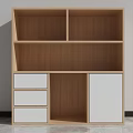 Wooden Bookshelf With Open Shelves Drawers And White Cabinet Doors In Modern Minimalist Design