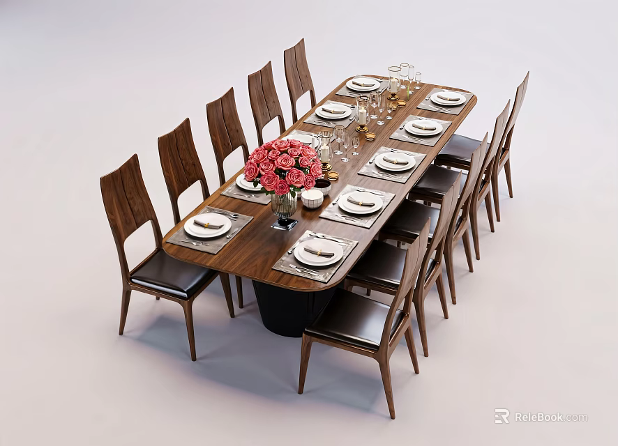 Wooden Long Dining Table Set With Matching Chairs Tableware And Pink Bouquet 3d model
