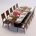 Wooden Long Dining Table Set With Matching Chairs Tableware And Pink Bouquet 3d model