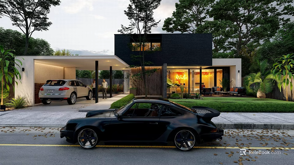 Modern Detached Villa Exterior With Black Sports Car Trees And Garage Lights 3d model 