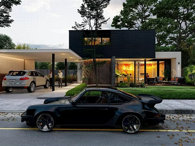 Modern Detached Villa Exterior With Black Sports Car Trees And Garage Lights 3d model