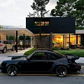 Modern Detached Villa Exterior With Black Sports Car Trees And Garage Lights