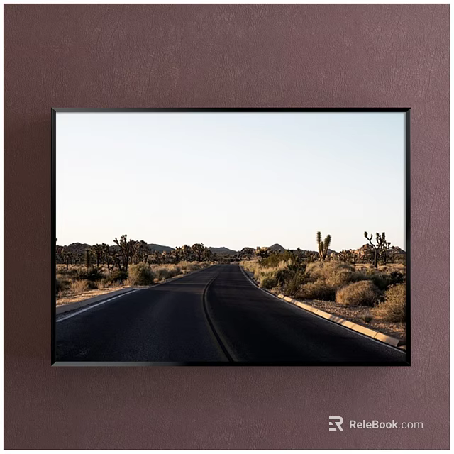 Landscape Painting Featuring Empty Road Leading Into Joshua Trees Mountain Range And Soft Light Sky 3d model 