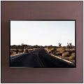 Landscape Painting Featuring Empty Road Leading Into Joshua Trees Mountain Range And Soft Light Sky