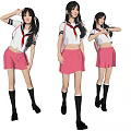 Women in School Uniforms With White Tops Red Ties Pink Skirts Black Socks and Different Poses