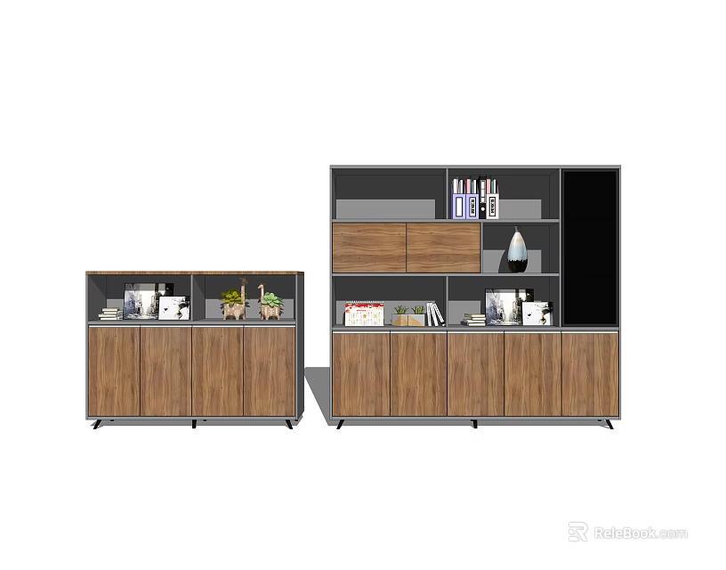 Modern Wooden Bookcase Design With Multiple Compartments Books Decor And Plants 3d model 