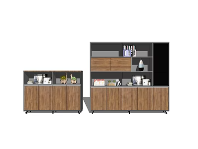 Modern Wooden Bookcase Design With Multiple Compartments Books Decor And Plants 3d model