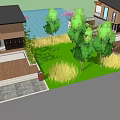Modern Single Family House With Green Lawn Trees Pink Flowers Outdoor Patio And Wooden Deck