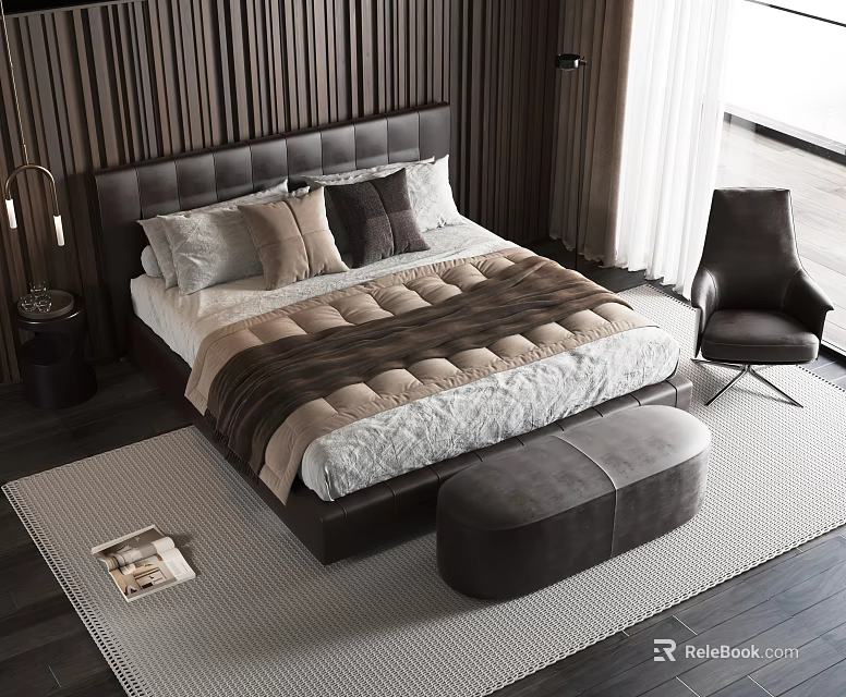 Modern Double Bed Interior With Dark Headboard Pillows Blanket Ottoman And Chair 3d model 