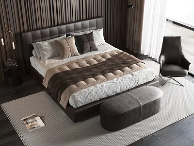 Modern Double Bed Interior With Dark Headboard Pillows Blanket Ottoman And Chair 3d model