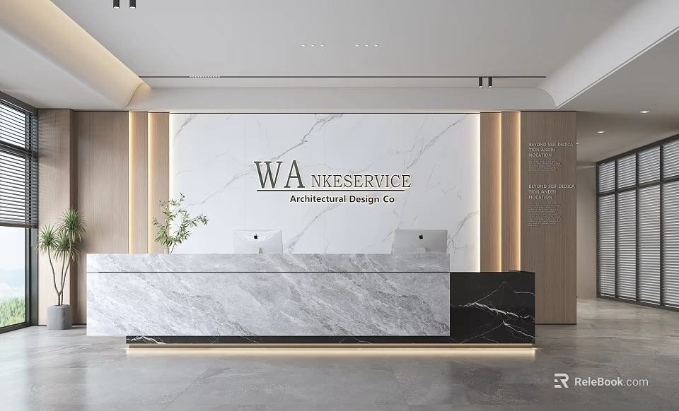 Modern Luxury Marble Office Reception Desk With Elegant Company Brand Logo Background Wall Design 3d model 