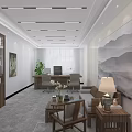 Modern Office Interior With Chinese Landscape Painting Sofa Coffee Table And Wooden Bookshelf