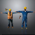 Construction Workers Wearing Yellow Hard Hats Safety Vest And Blue Overalls With Tools