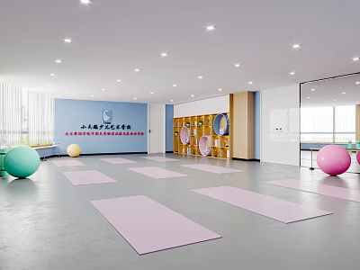 Spacious Yoga Fitness Training Room With Colored Exercise Balls Pink Mats And Mirrors 3d model
