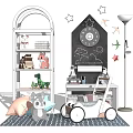 Plush Stuffed Toys On White Arched Shelf With Blackboard Wall And White Toy Stroller