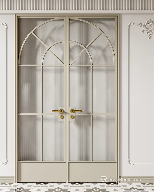 Modern Sliding Doors With Arched Metal Frame Ribbed Glass And Golden Handles 3d model 