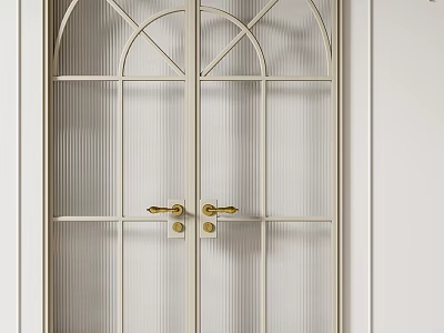Modern Sliding Doors With Arched Metal Frame Ribbed Glass And Golden Handles 3d model