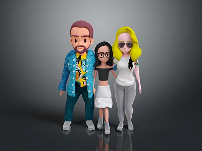 Group of Three Cartoon Characters Posing Together in Stylish Outfits With Various Clothing Colors 3d model
