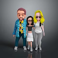 Group of Three Cartoon Characters Posing Together in Stylish Outfits With Various Clothing Colors