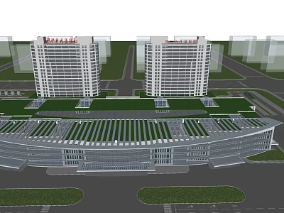 Modern Hospital Building Complex With Two High Rise Towers And Curved Low Rise Structure 3d model