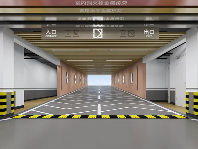 Well Lit Indoor Parking Garage With Entrance Signs Floor Markings And Warning Bollards 3d model