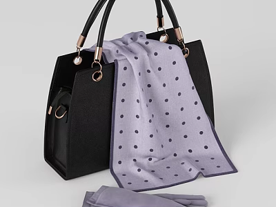 Black Handbag With Gold Metal Hardware And Light Purple Polka Dot Scarf Plus Gloves 3d model