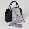 Black Handbag With Gold Metal Hardware And Light Purple Polka Dot Scarf Plus Gloves
