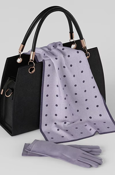 Black Handbag With Gold Metal Hardware And Light Purple Polka Dot Scarf Plus Gloves 3d model