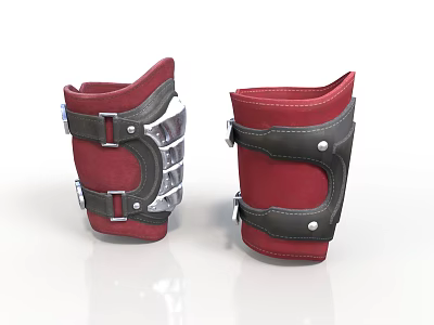 Red And Black Leather Knee Pads With Adjustable Straps And Metal Buckles 3d model