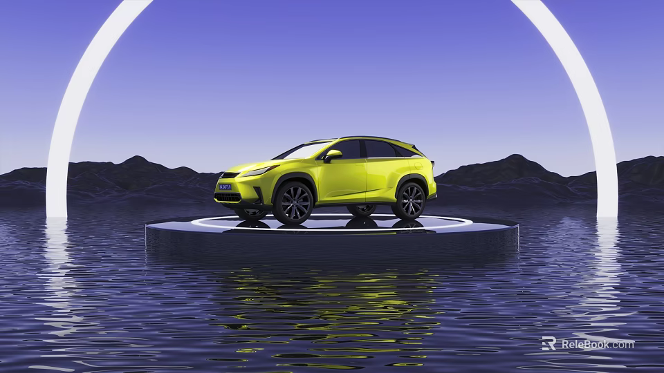 Yellow SUV Displayed On Circular Platform Over Water Surface With Mountain Backdrop And Arch 3d model