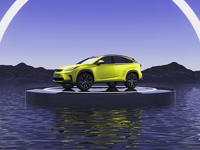 Yellow SUV Displayed On Circular Platform Over Water Surface With Mountain Backdrop And Arch 3d model