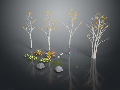 White Trunk Trees With Yellow Leaves And Colorful Small Flowers Near Stones On Reflective Gray Ground 3d model