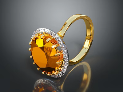 Elegant Gold Ring With Orange Gemstone Surrounded By Small White Diamonds 3d model