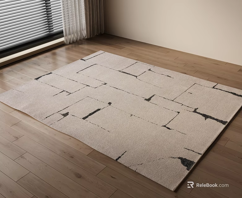 Beige Square Carpet With Black Geometric Patterns On Wooden Floor Interior 3d model