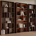 Dark Brown Bookcases Built In Lighting Compartments Books Decor Vases Light Walls Wooden Flooring