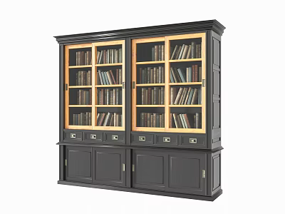 Dark Wooden Bookcase With Glass Doors And Storage Cabinets Filled With Books 3d model