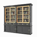Dark Wooden Bookcase With Glass Doors And Storage Cabinets Filled With Books