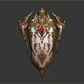 Ornate Golden Shield With Red Gemstone And Intricate Carvings Design