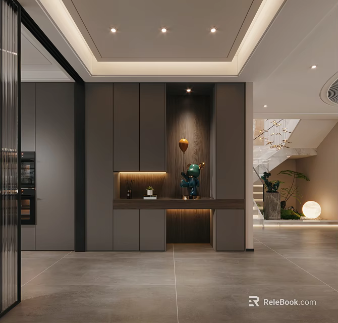 Modern Foyer Hallway Interior Design With Gray Cabinets Lighting Strips And Console Table 3d model