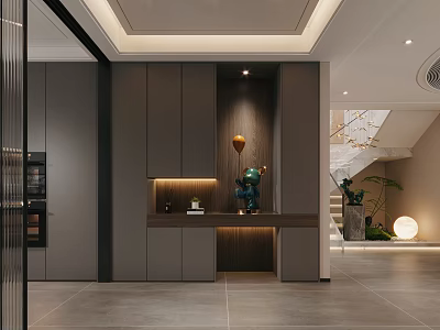 Modern Foyer Hallway Interior Design With Gray Cabinets Lighting Strips And Console Table 3d model