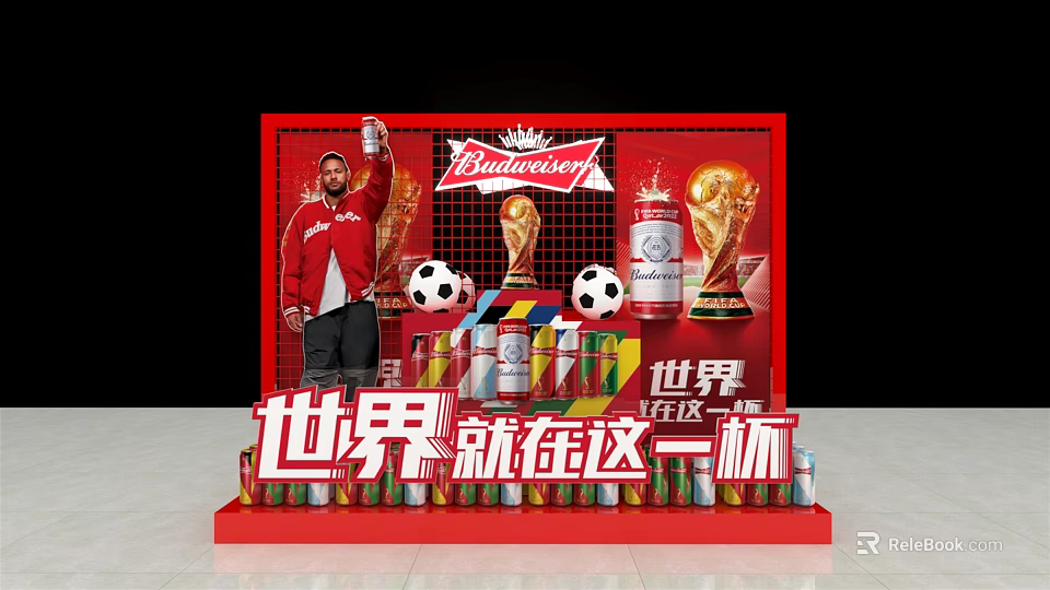 Commercial Promotional Display Equipment With Budweiser Branding Soccer Balls Trophy Red Background And Beer Cans 3d model 