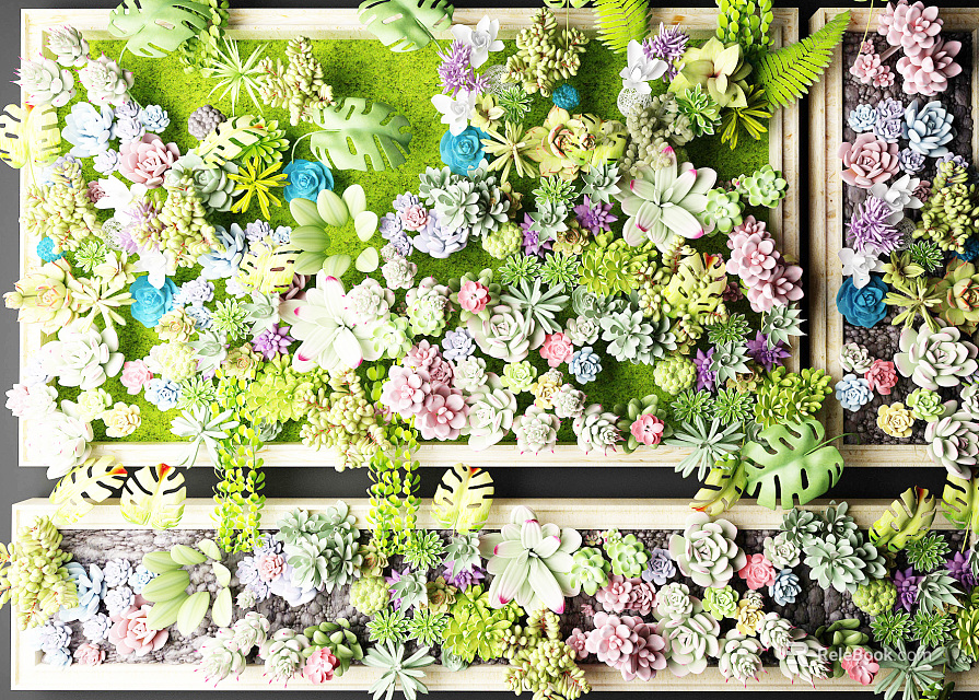 Living Plant Wall With Various Succulents Colorful Flowers And Different Leaf Shapes 3d model 